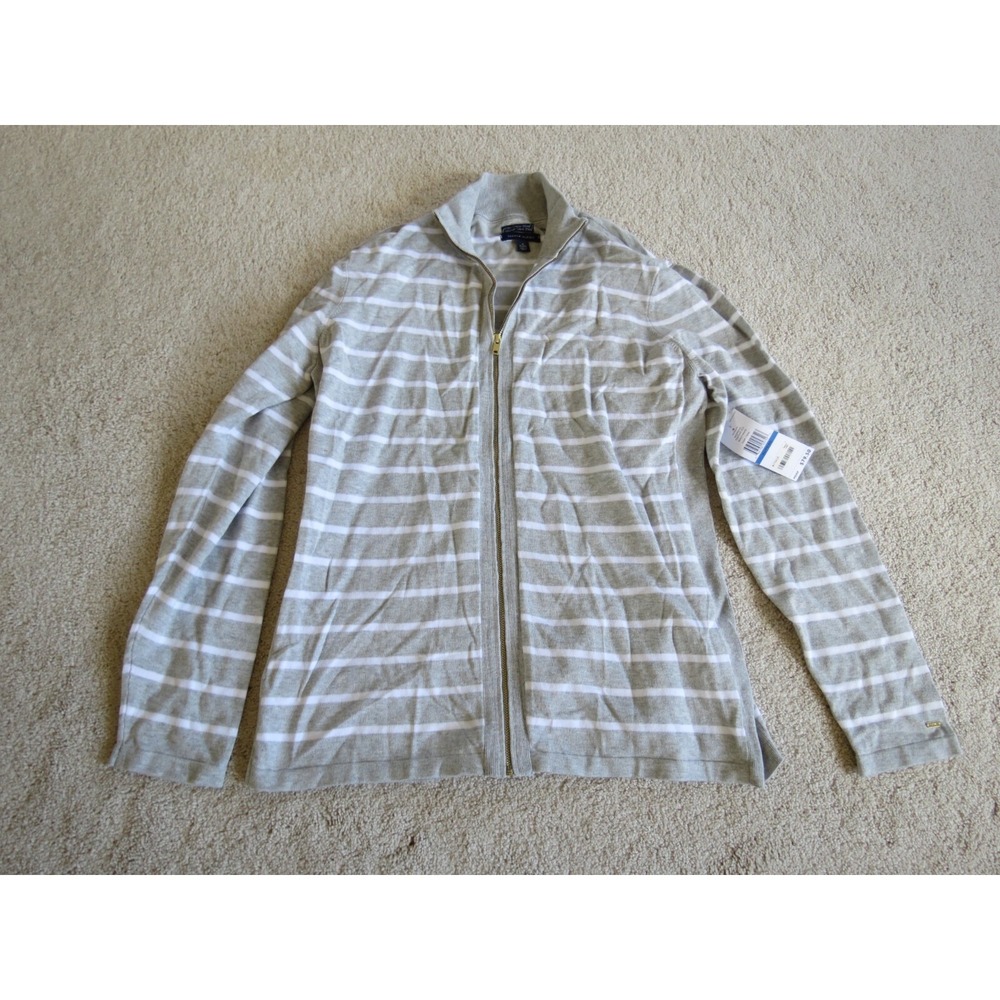 Womens Tommy Hilfiger Gray White Stripe Pima Cotton Blend Full Zip XL Shirt